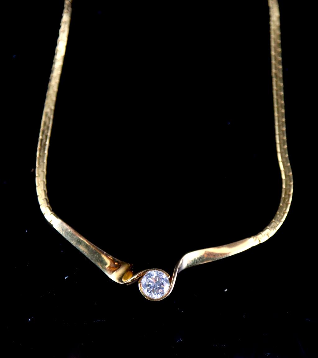 A modern 18ct gold flattened link and solitaire diamond set necklace,